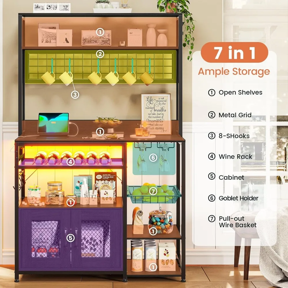 Kitchen Bakers Rack with Storage Shelves, Microwave Stand with Power Outlet and LED Light, Coffee Bar Cabinet Wire Basket Metal 3