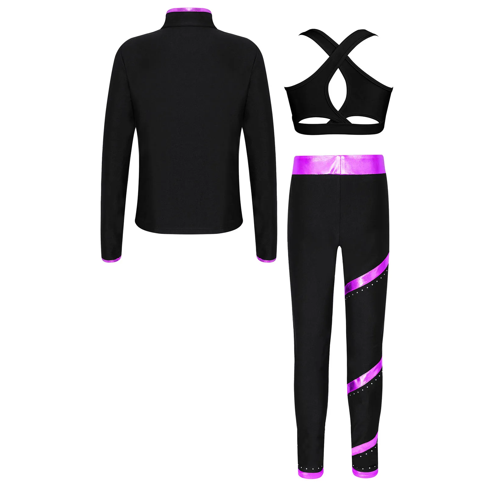 Kinder Mädchen Skating Gymnastik Trainingsanzüge Langarm Reißverschluss Oberbekleidung mit Crop Top Sport Legging Hosen Fitness Yoga Sportbekleidung – Detail 4
