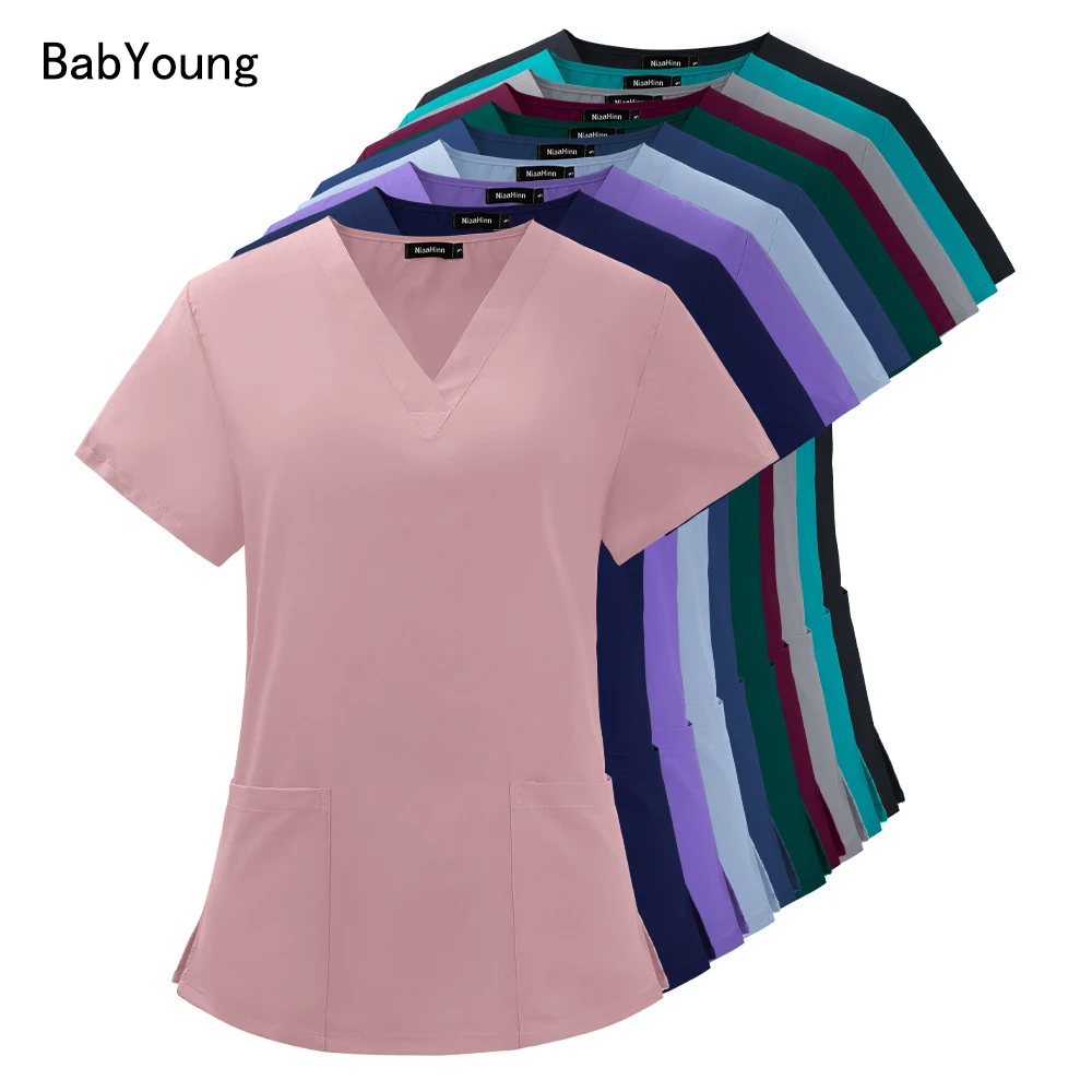 

New Elastic Breathable Spandex Nurse Accessories Beauty Salon Uniform Fashion Slim Fit Top Scrub Clothes Women Summer Lab Coat