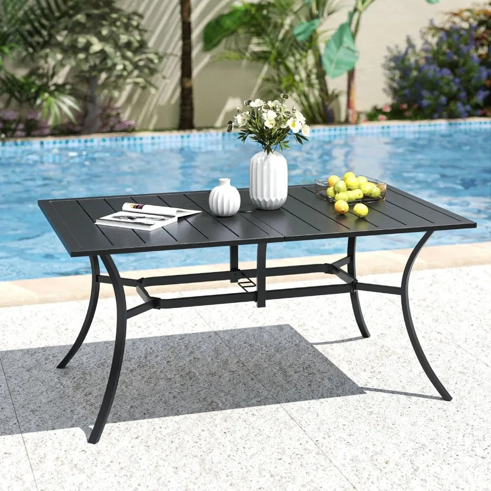 

Rectangle Patio Dining Table for 6 Person, Outdoor Metal Steel Slat Table with Umbrella Hole for Patio, Black Dining Tables