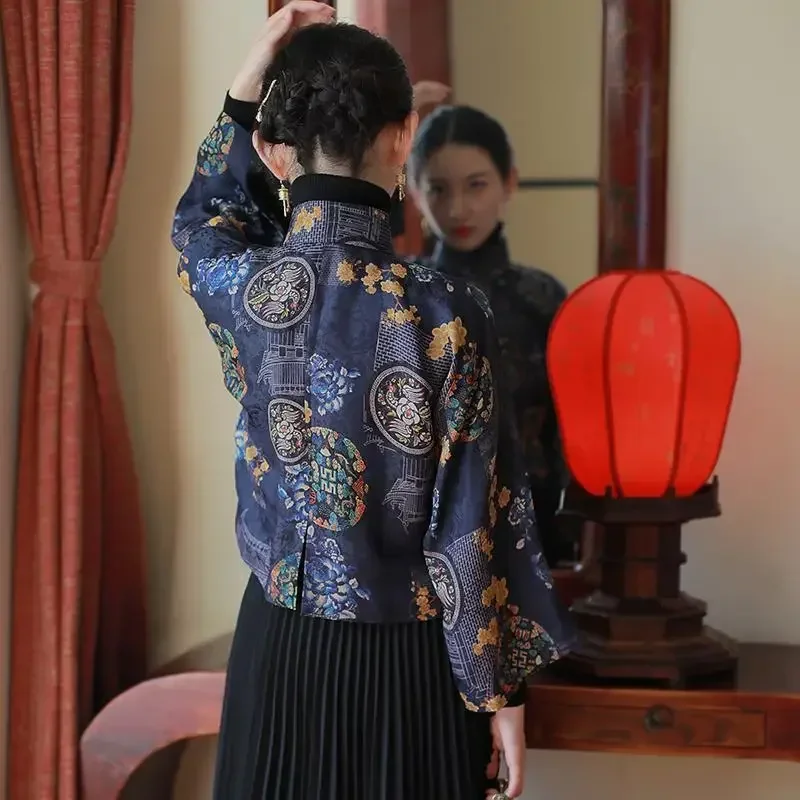 Chinese Traditional Cheongsam Tops Women Blue Thin Printed Stand Up Collar Long Sleeved Modified Hanfu Tops