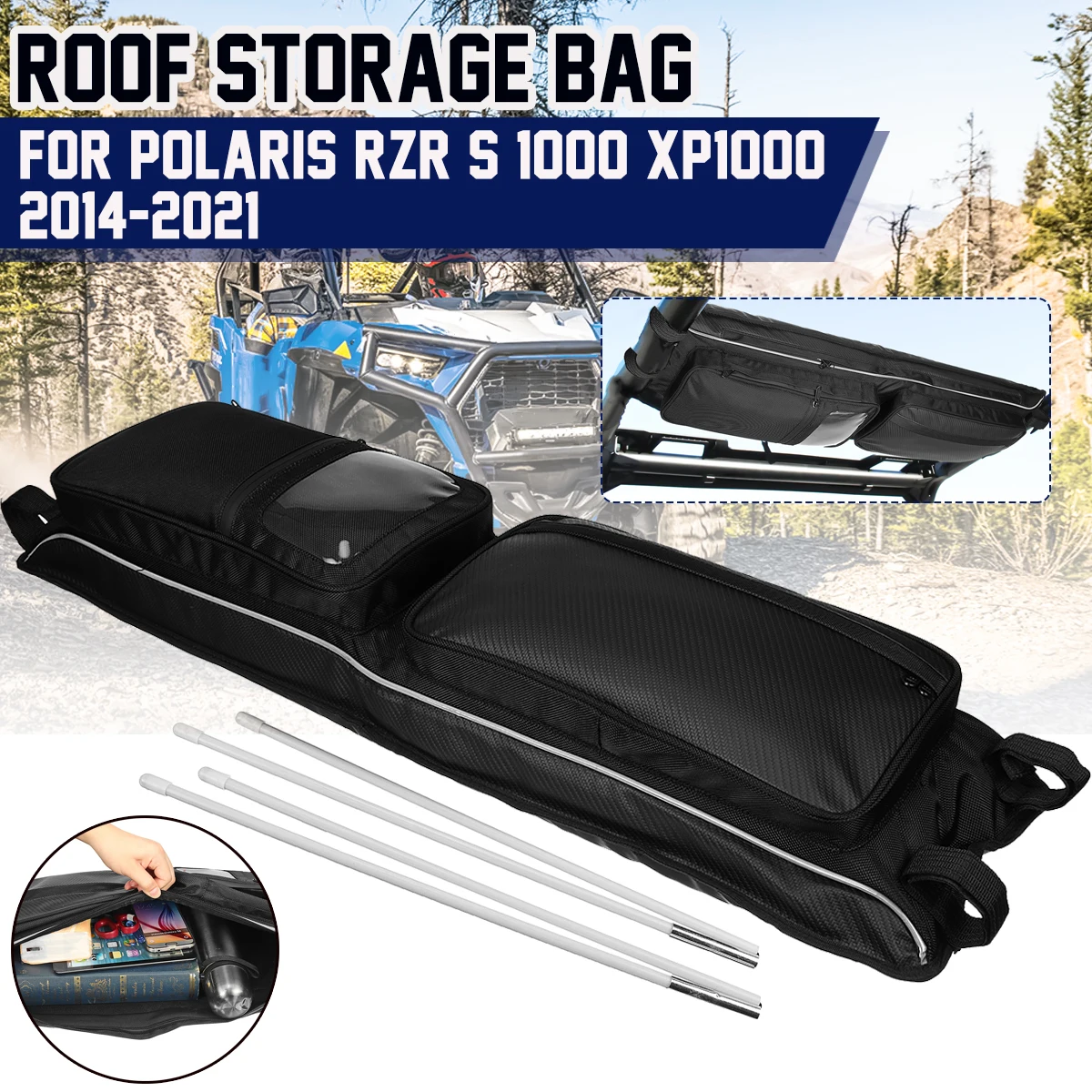 Black UTV Overhead Storage Bag Top Roof Bag 1680D Black For Polaris RZR