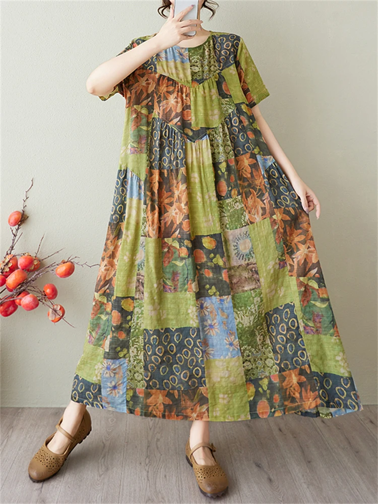 Summer Cotton Vintage Casual Loose Print Dresses For Women Short Sleeve Dress Femme Vestidos Elegant Office Lady Work Clothing