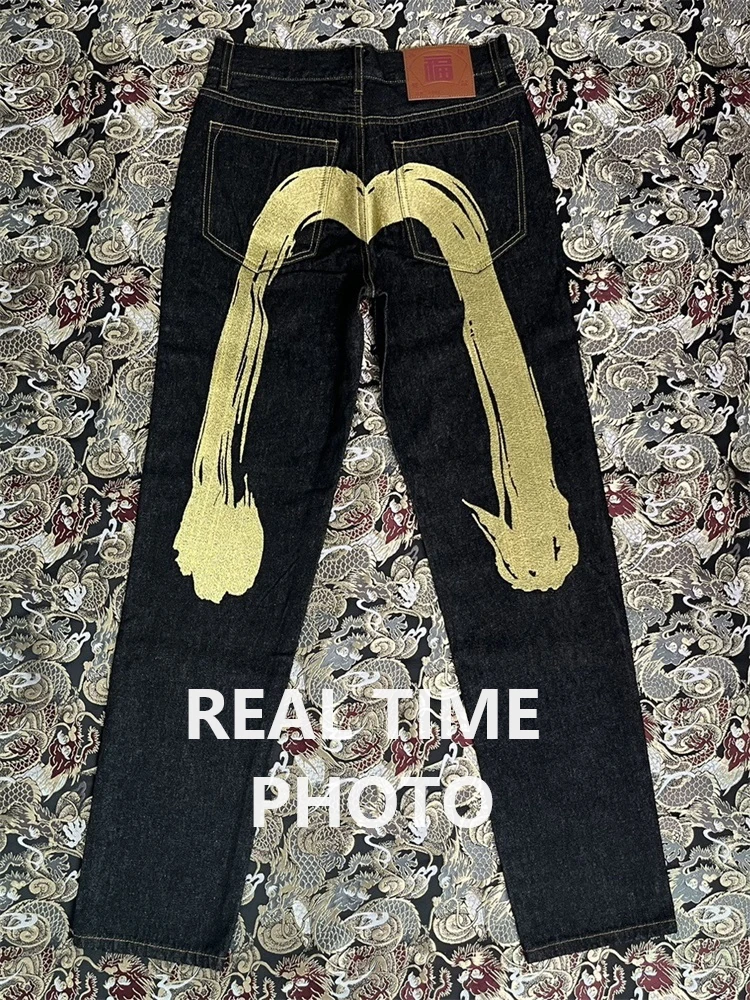 EH · MD Japanese Gold Thread M Embroidered Jeans Men Loose Straight Hip Hop Popular Slim Fit Black Denim Pants Red Ear Cotton 24