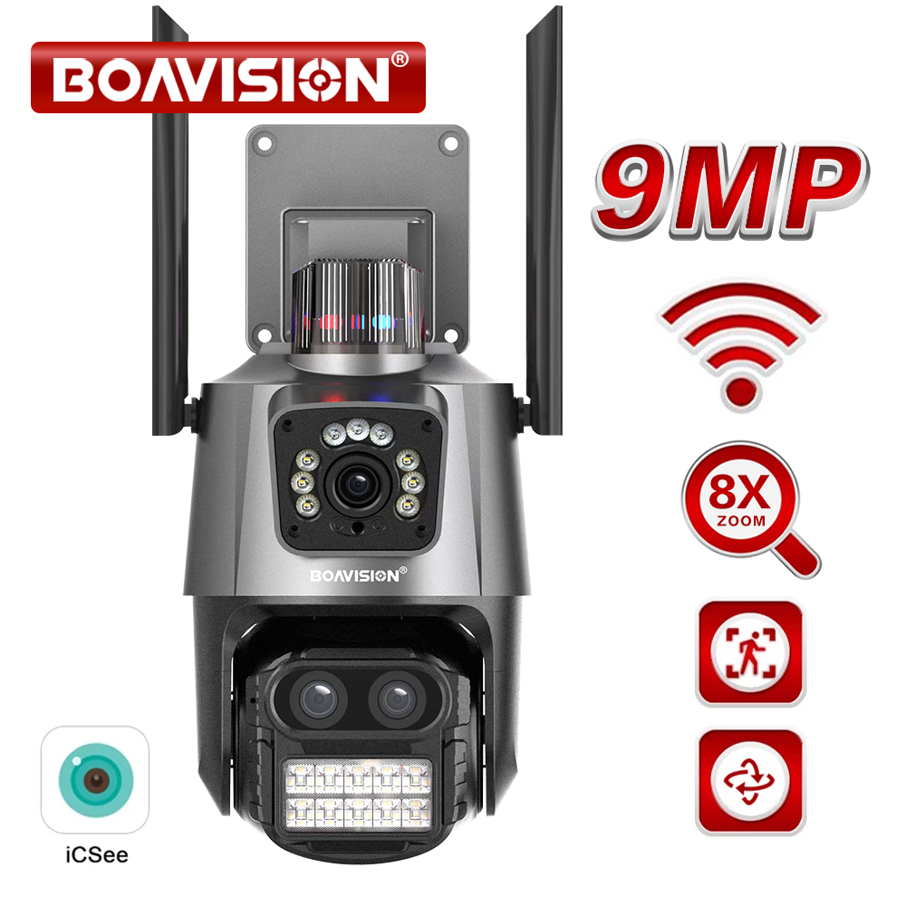 9MP 4MP Wifi Camera Outdoor Dual-Lens Dual-Screens AI Auto Tracking 8X Digital Zoom Onvif PTZ and Fixed-point Linkage Camera