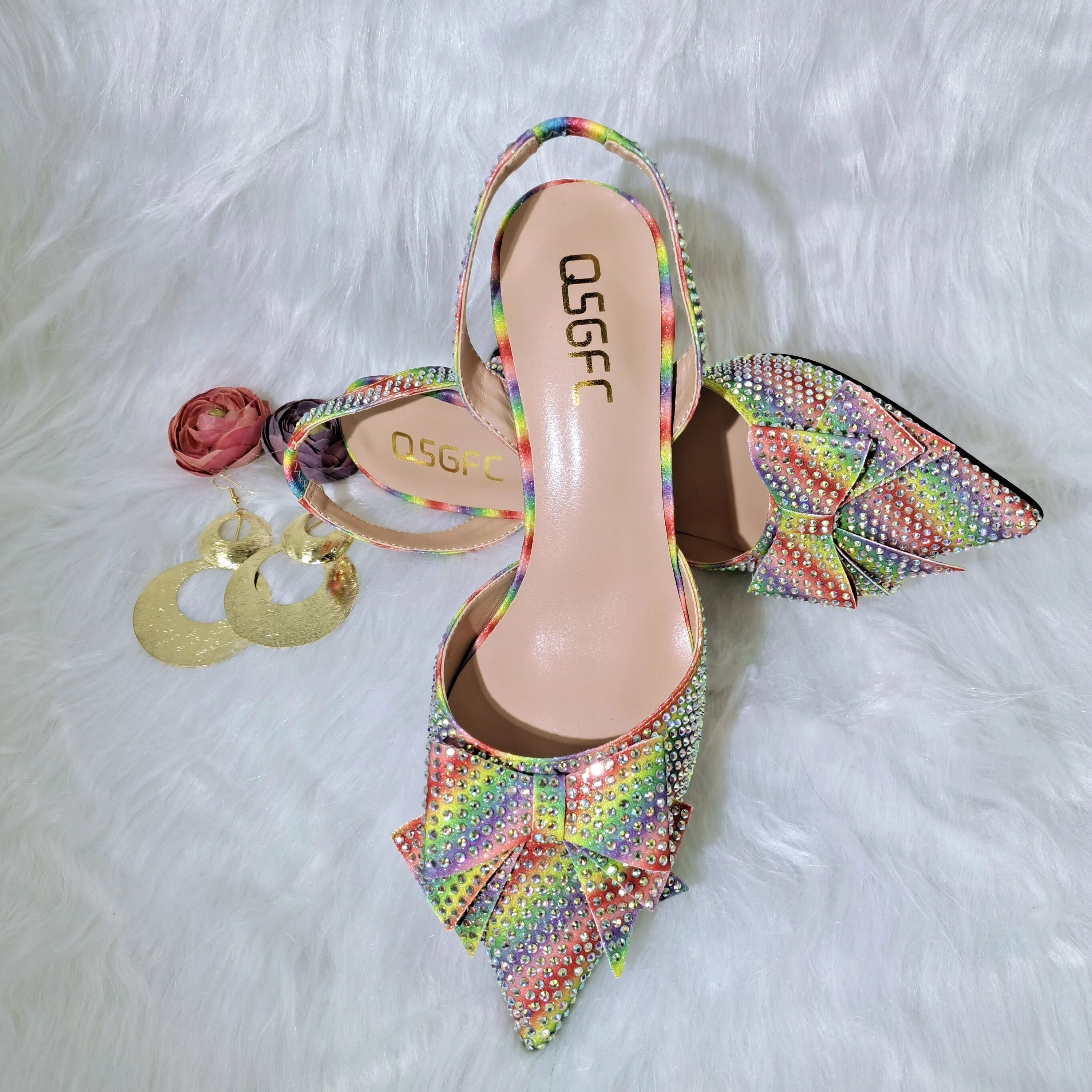 Crystal Decoration Style Rainbow Glass Heel Shoes and Bag Set for Party