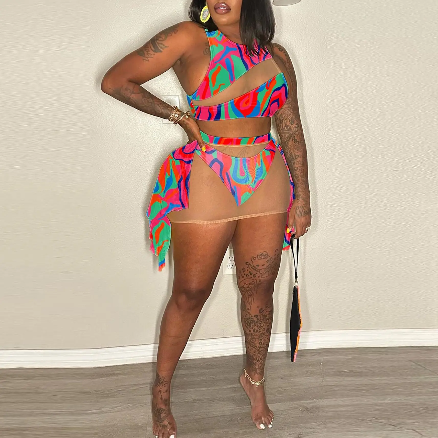 Plus Size Women Print Swimsuit See Through Patchwork Clothing Female Fashion Designer Swimwear 2023 Summer Two Piece Set Bikinis