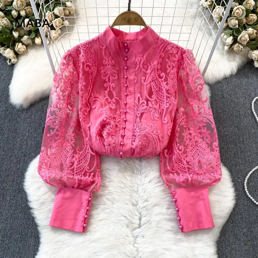 

2024 Spring Women Sweet Lace Embroidery Palace Shirts Blouses Designer Stand Collar Lantern Sleeve Solid Elegant Midi Mesh Shirt