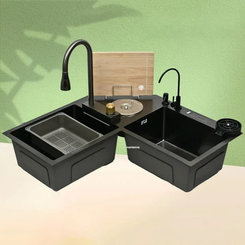 L-shaped Stainless Steel Corner Kitchen Sinks Large Corner Dishwashing Basin Handmade Double-slot Dishwashing Sink for Kitchen