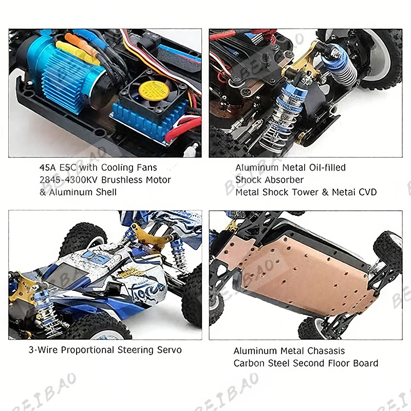 WLtoys 124017 Voiture RC 1:12 75km/h 4x4 Moteur Brushless, vue de dessus montrant le design aérodynamique et la carrosserie.