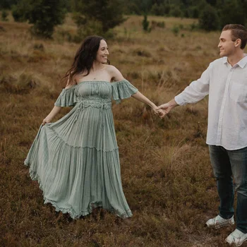  Bohemian Photo Shooting Pregnancy Dress Comfortable Soft Linen-Cotton Set For Pregnant Women Photos Maternity Two-Piece Dress 2