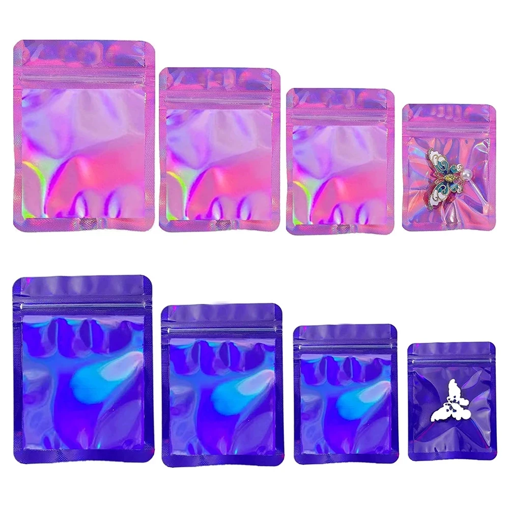 50pcs Holographic Sealing Bags Thicken Pink Blue Plastic Ziplock Pouch for DIY Jewelry Display Small Bussiness Retail Packaging 50pcs lot transparent laser fragment self adhesive bag plastic pouch for jewelry retail display packaging flash holographic bag