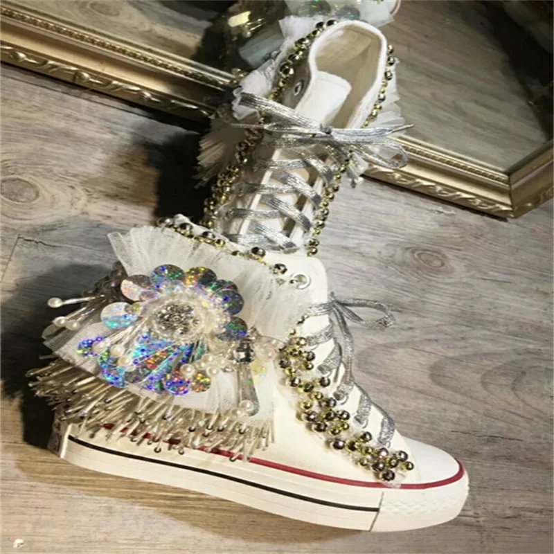 

Thick bottom lace crystal fringe handmade beaded high top canvas shoes fashion brand vulcanized shoes 35-40
