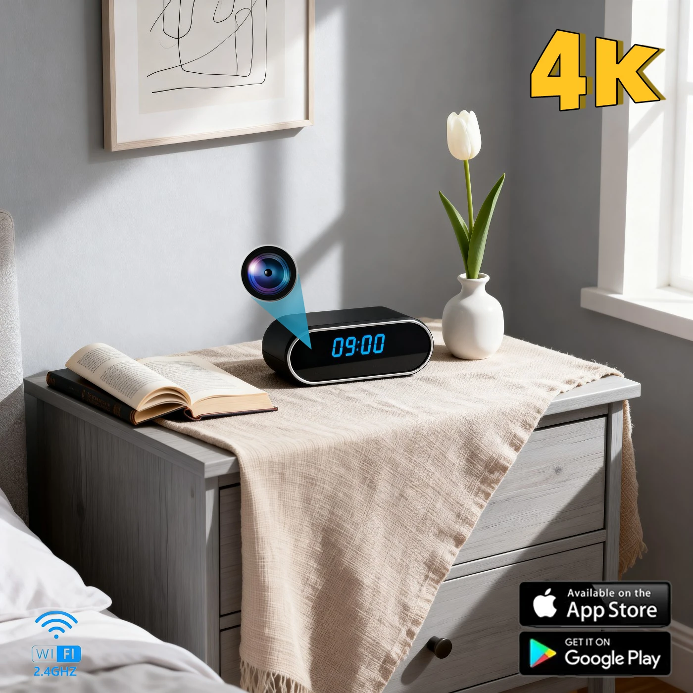 Caméra d'horloge WiFi sans fil HD - Surveillance à domicile avec télécommande de vision nocturne infrarouge DVR et détection mobile
