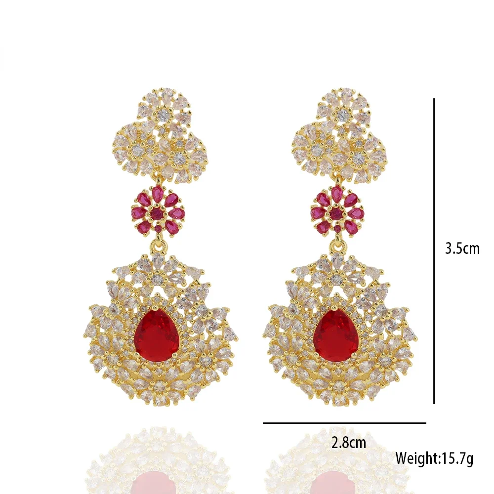 Luck High Quality Women's Wedding Elegant Jewelry Sparkling Luxury Green Ruby Cubic Zirconia Stone Pendant Bohemian Earrings