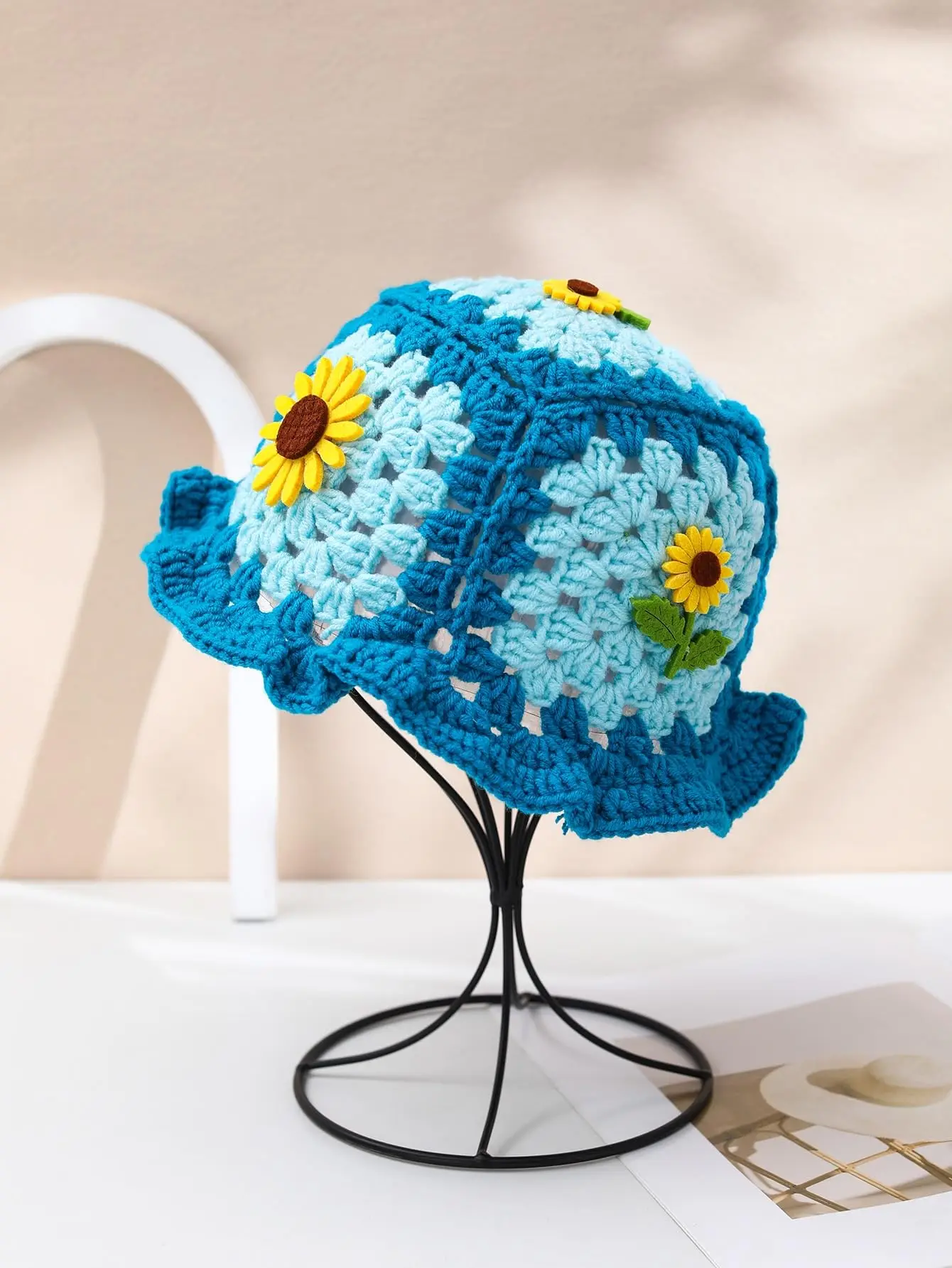 Women Handmade Corchet Knitted Bucket Hat Sun Flower Patchwork Cute Lovely Panama Hat Street HipHop Bonnet Cap Girl Boy 5