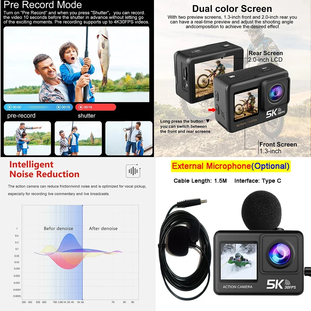 Action Camera G9SE 5K30fps 4K60fps 50MP 2.0 Touch LCD EIS DVR Webcam Dual Screen Wi-Fi 170D Waterproof 30M 5X Zoom Sports