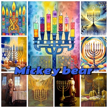 Menorah DIY Diamond Painting Kit, Hanukkah Pictures, Diamond Embroidery Mosaic Painting Wall Decor