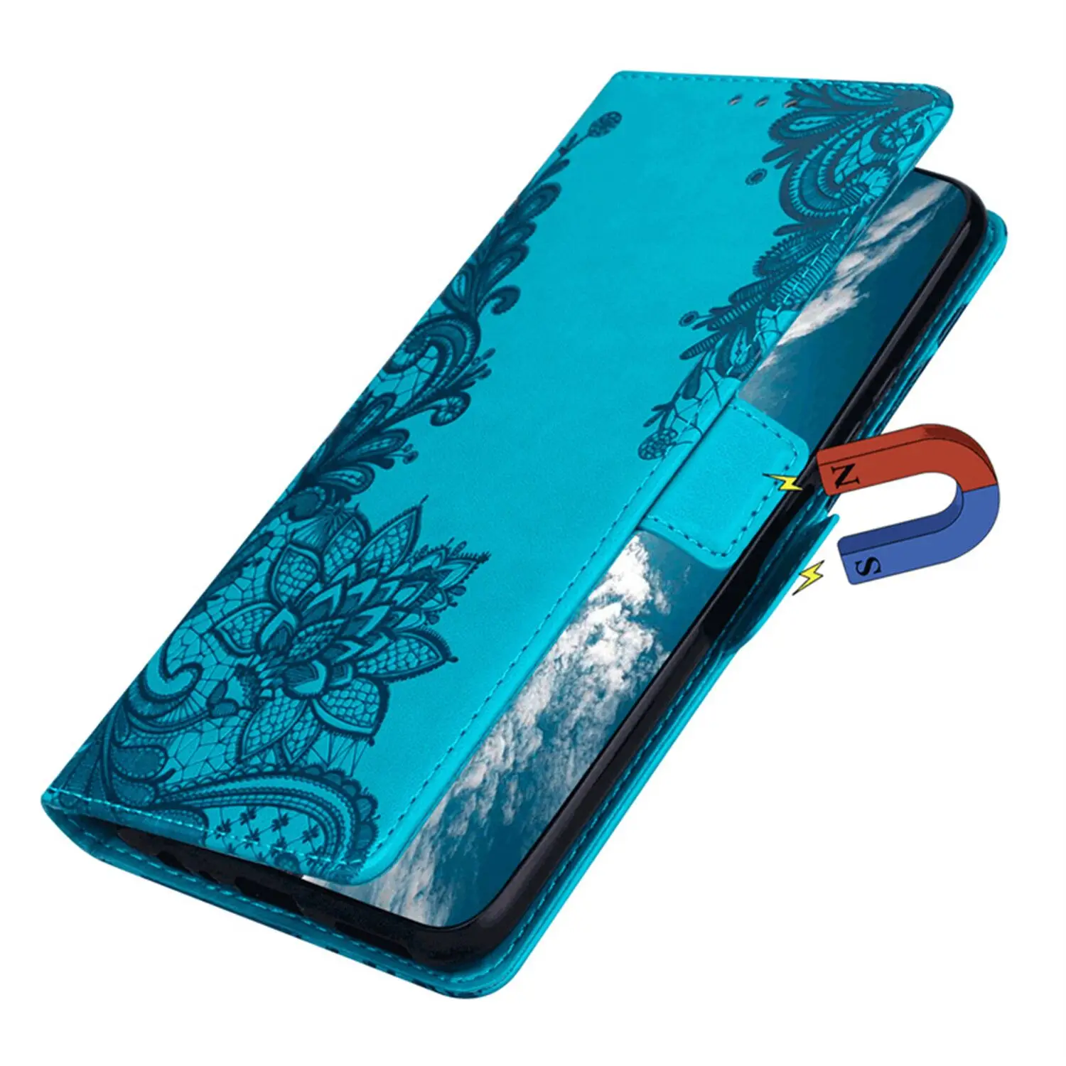 Luxury Leather Lace Embossed Flip Wallet Phone Case with Stand Feature