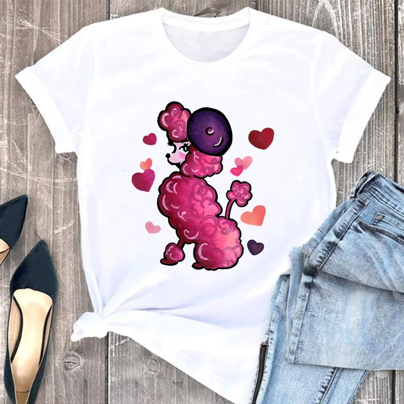 thumbnail image 1 of Bonita camiseta con estampado de animales de caniche rosa para niños, camiseta blanca para amantes de los perros, camiseta de verano de algodón Y2k, ropa para niños, camisetas para bebés, niños y niña, 1 of 5
