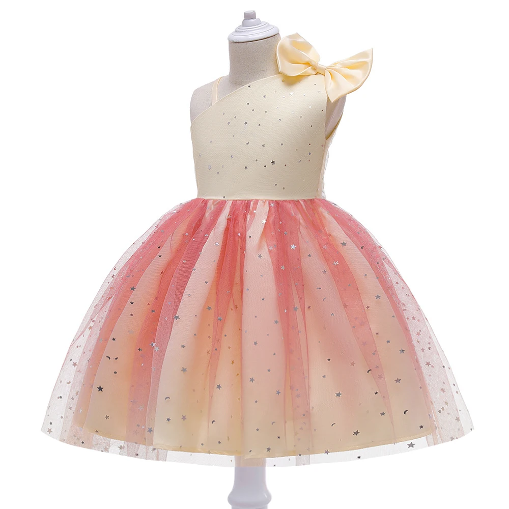 Flauschige Stern Pailletten schräge Schulter Mädchen Kleid elegante Prinzessin Party Hochzeit Brautjungfer Kleid Geburtstag Mädchen Kleidung Sommer Kleid – Detail 15