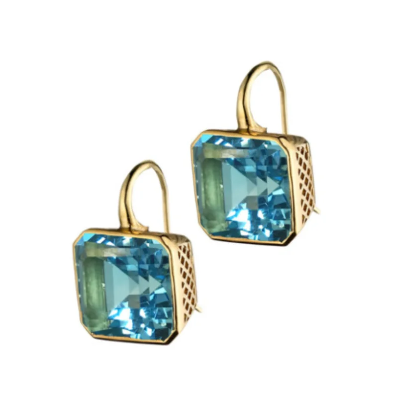 

Trendy Square Blue Zircon Women Earrings Delicate Gold Color Metal Carving Dangle Earring Wedding Jewelry