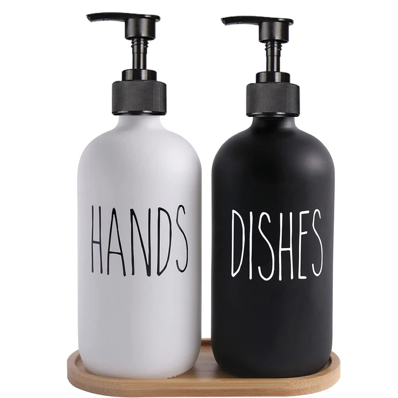 thumbnail image 1 of Dispensador de jabón de manos en blanco y negro de 500 ml con bomba para decoración de baño, encimera de cocina y estilo rústico, 1 of 5