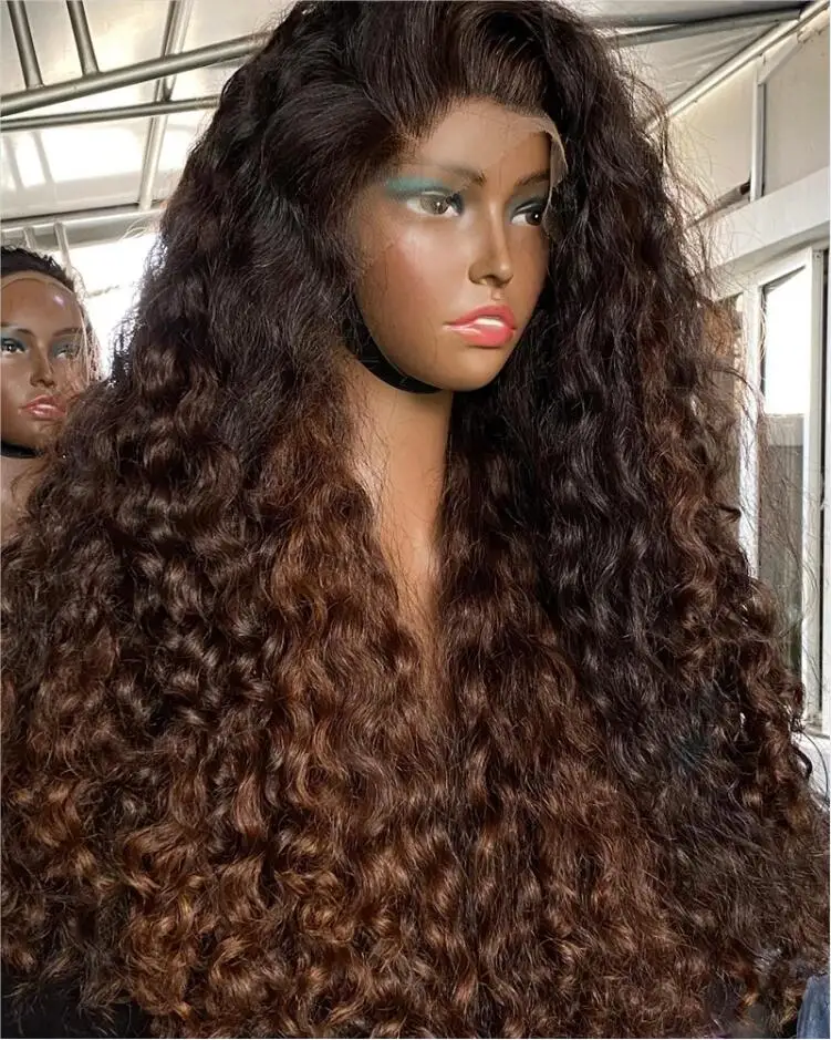 

Soft Glueless Preplucked 26“Long 180%Density Ombre Blonde Brown Kinky Curly Lace Front Wig With BabyHair Heat Temperature Daily
