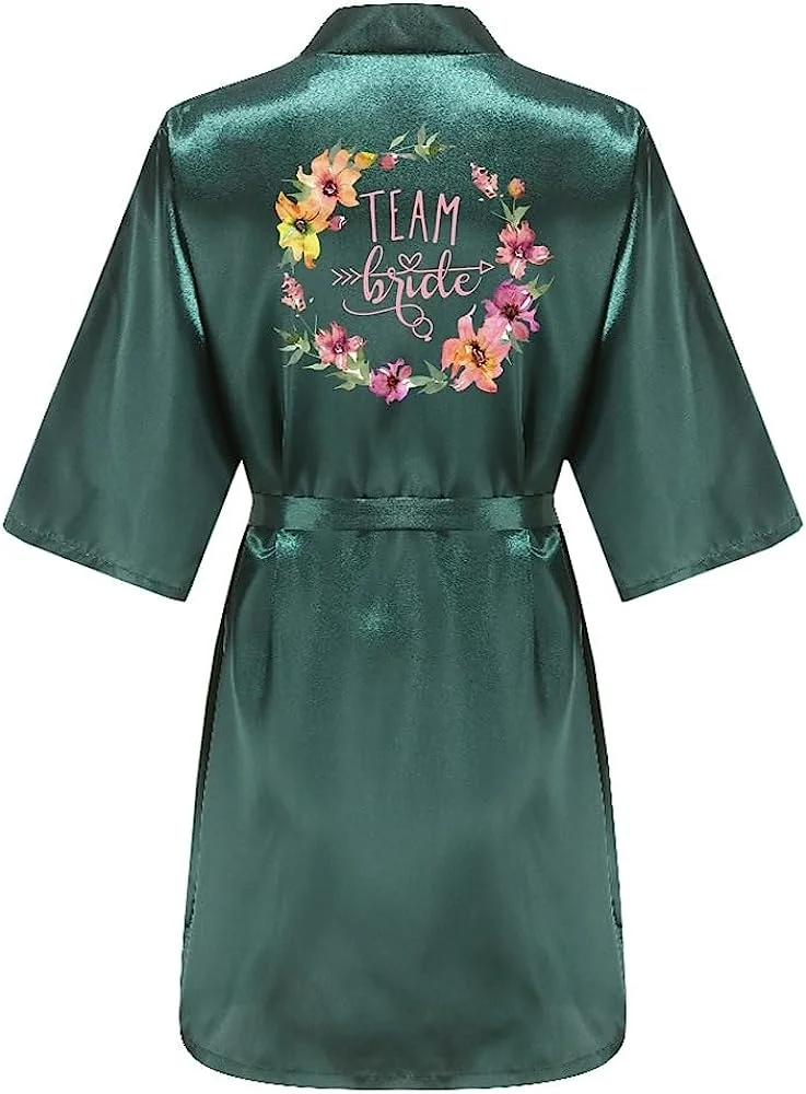 Women Silk Satin Short Night Printing Robe Kimono Fashion Bath Sexy Bathrobe Femme Wedding Bride Bridesmaid women sleepwear,bride robes,silk robe