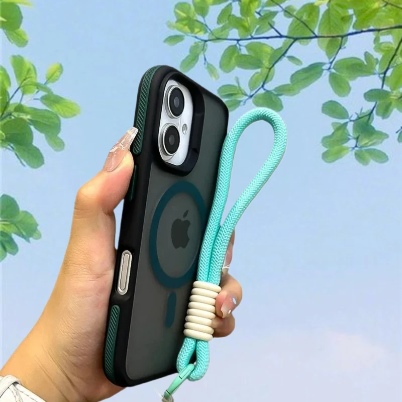 Elegant MagSafe Matte Phone Case with Lanyard and Magnetic Wireless Charging Bumper Cover