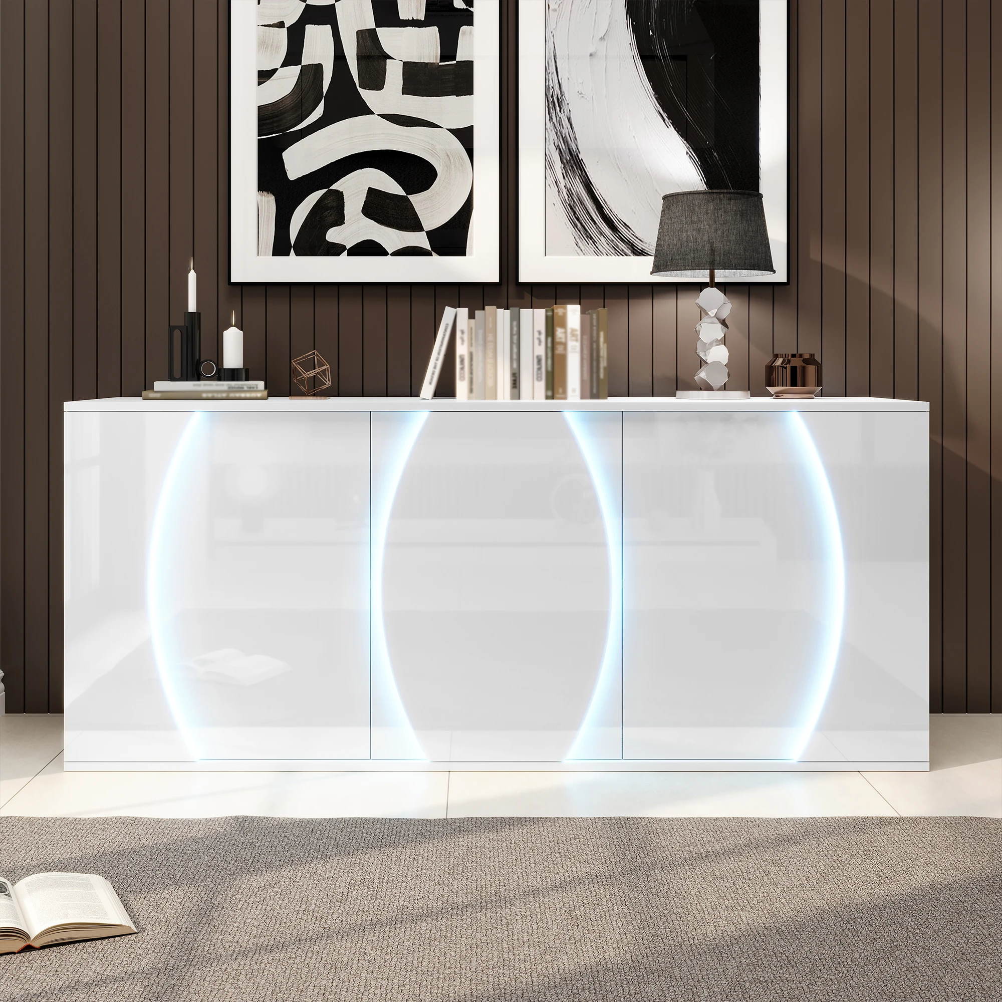 150 x 40 x 70 cm, Wohnzimmer-Sideboard, Hochglanz-Wohnzimmerschrank mit drei Türen, Aufbewahrungsschränke mit LED-Türen – Detail 15