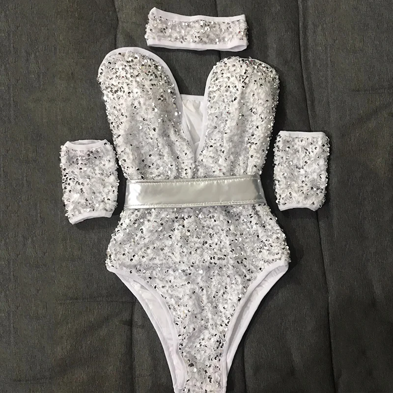 

Silver Sequins Bodysuit Pole Dance Costume Rave Outfits Women Nightclub Bar Gogo Dancing Clothes Dj Ds Stage Show Wear VDB7209