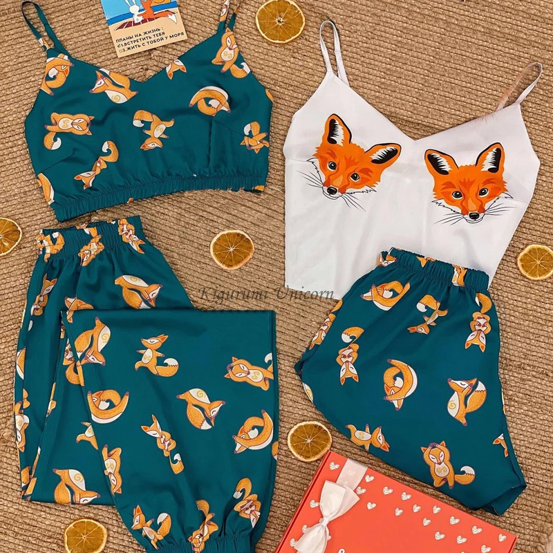 762141-9f70cb.jpg 4-pcs Set Sleepwear Women Satin Silk Pajamas Set Summer V-neck Strap Nightwear Pijama Homewear Fox Animal Flower Print Clothes - Image 1