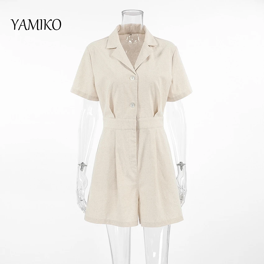 YAMIKO 2024 Summer Women Office Linen Jumpsuit Solid Khaki Short Sleeve Lapel Button Shorts Romper Overalls For Women Playsuits