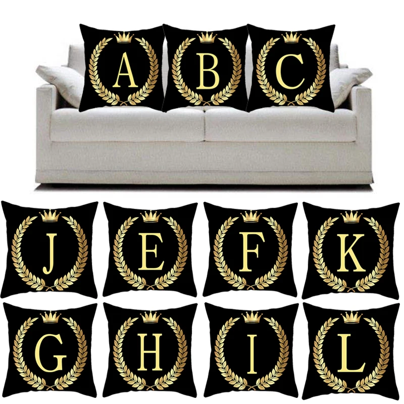 

45x45cm Black Golden Letter Crown Cushion Cover Name Initials Alphabet Print Throw Pillowcase for Sofa Home Decor Pillow Case