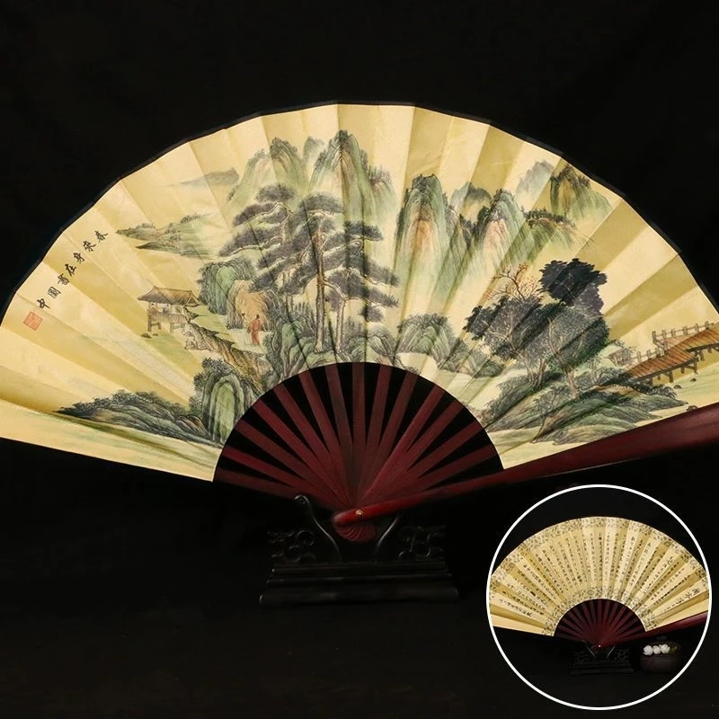 

33.33CM Chinese Vintage Style Folding Fan Wooden Handle Classical Party Dance Hand Fan Men's And Women's Summer Cool Hand Fan