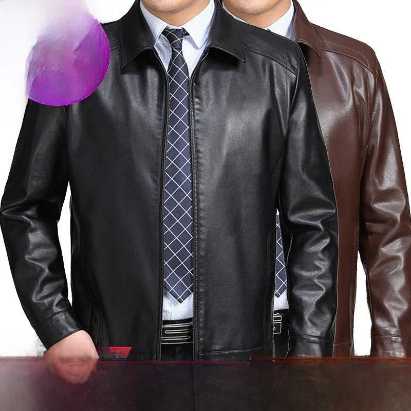 Haining True Good Leather Jacket Men's Mid-Aged Loose Thickened Autumn Winter Dad Men's Clothing Thin Leather Coat - 2