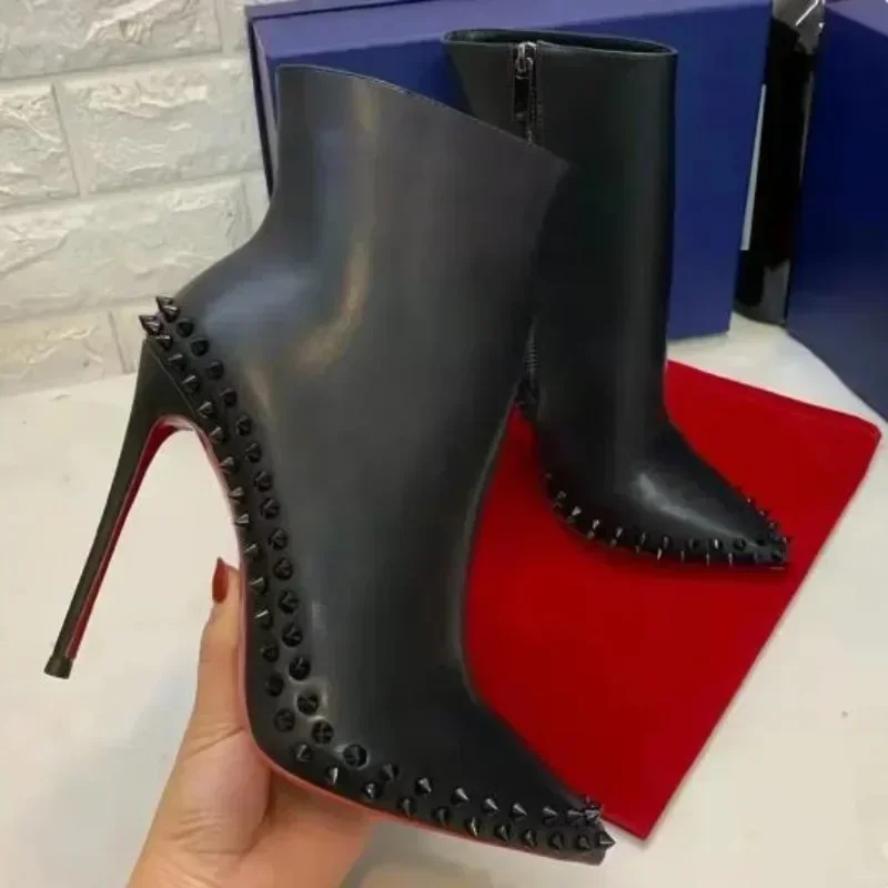 

Genuine Leather Black Thin High Heels Ankle Boots For Women Rivets Boots Ladies Shoes Comfortable Pointed Toe Stiletto Heels