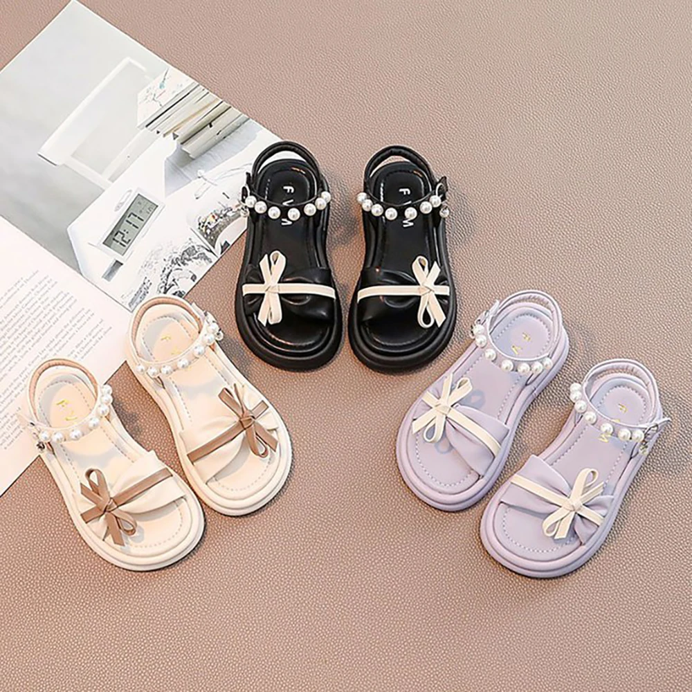 Summer Princess Sandals For Girls Korean Style Pearl Bow Children's Party Shoes Soft-soled Waterproof Beach Sandals For Girls 2