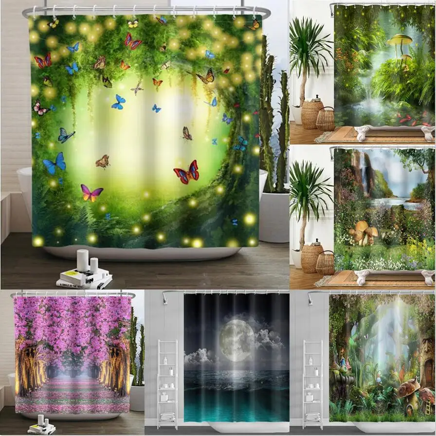 

Занавеска для душа с изображением сказочного леса и грибов