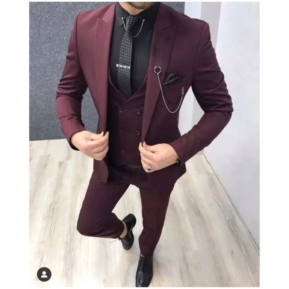 

Burgundy Men Suits Wedding Tuxedos for Groom Slim Fit Tailor Costume Homme Terno Masculino Blazer 3 Pieces Jacket Pant Vest