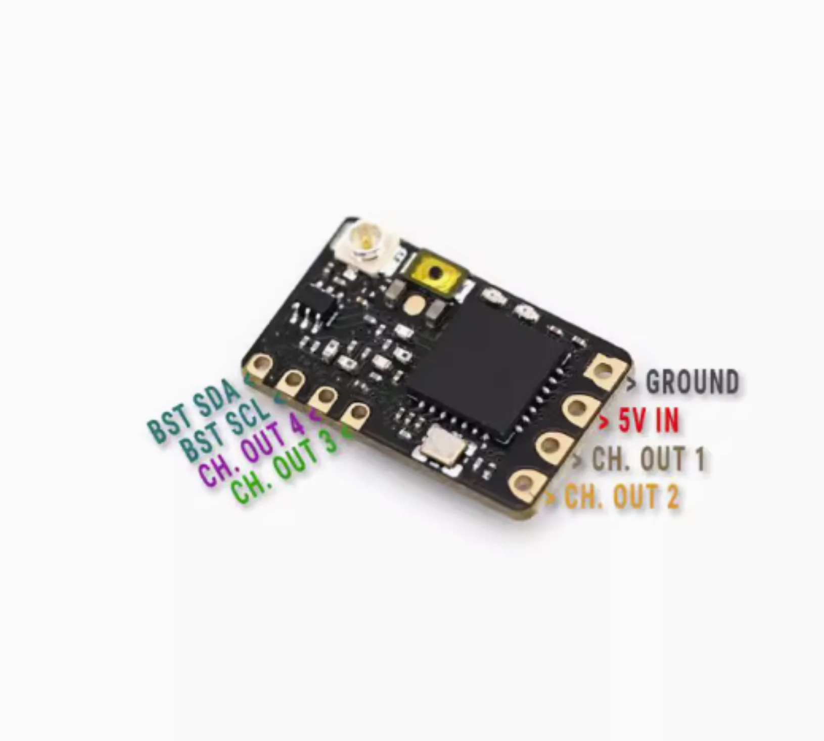 Récepteur TBS Crossfire Nano Rx SE installé sur un drone FPV, câbles soudés et heat shrink.