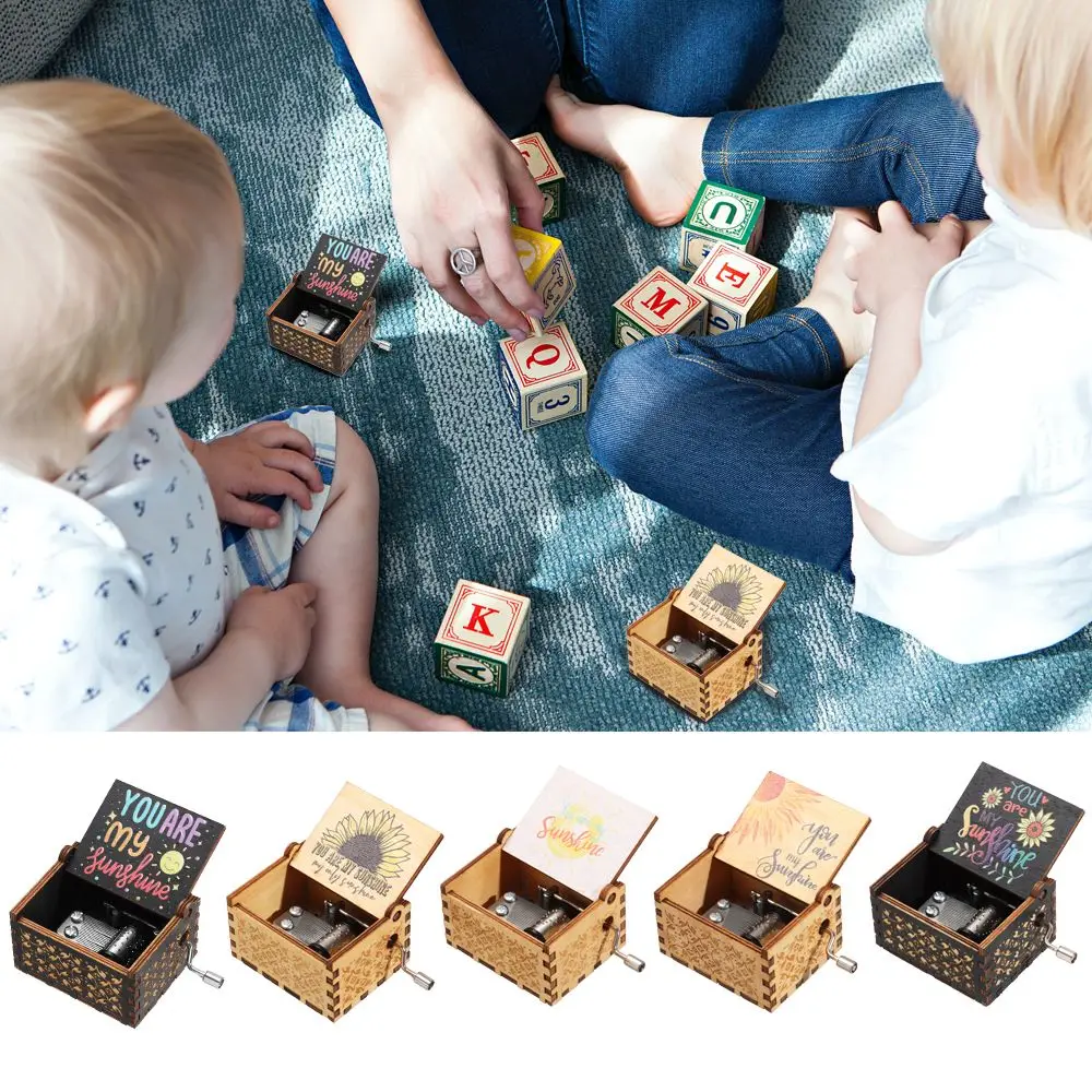 Thanksgiving Christmas Suitable Gifts Christmas Wooden Hand-Cranked Black Engraved Musical Boxes You are My Sunshine Music Box 4
