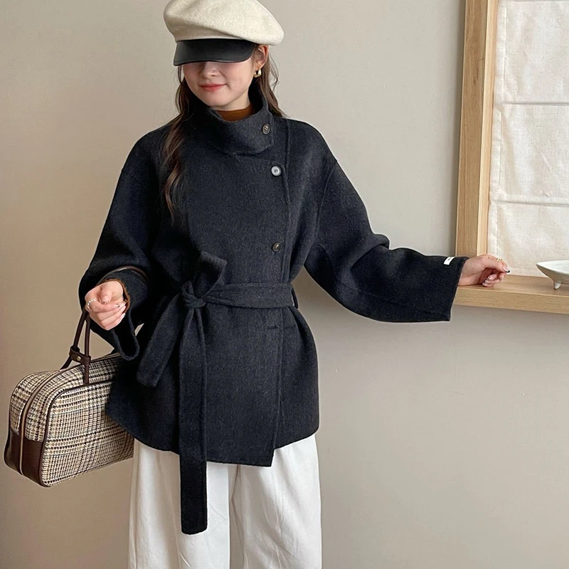 LANMREM Stand Collar Drop Shoulder Womens Double-faced Woolen Coat Asymmetrical Single Breaste Reversible Overcoat With Belt - Image 3