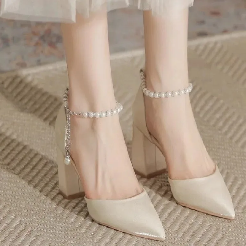 Elegant Chunky Heel Pointed Toe Hollow Pearls Buckle Satin Apricot All-match High Heel Shoes Women Party Weeding Pumps