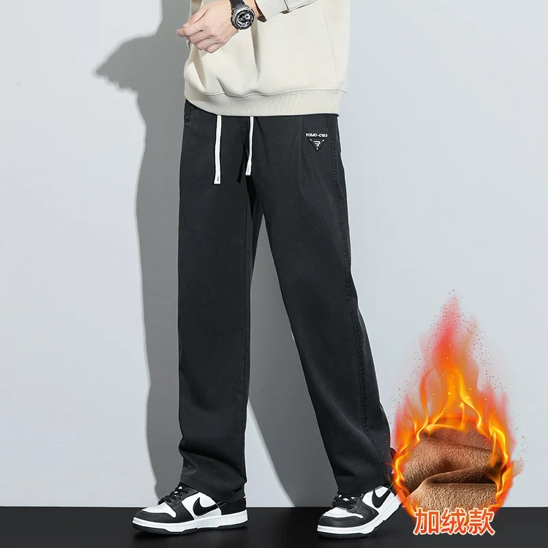 Men's Lyocell Fleece Lined Loose Straight Leg Wide Leg Cargo Pants 2025 Autumn Winter Warm Casual Long Pants Plus Size 5XL