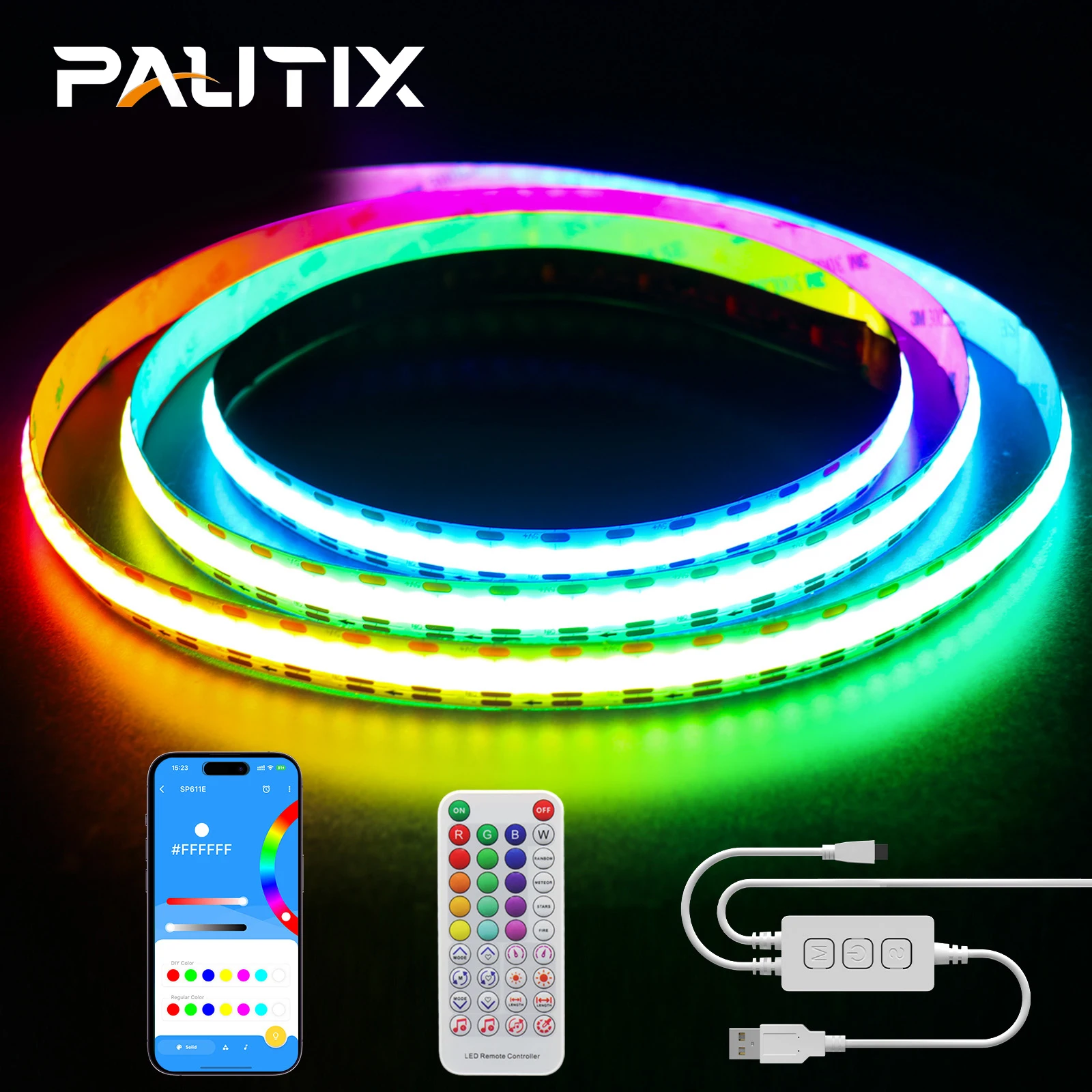 Светодиодная лента PAUTIX, 5 в постоянного тока, USB, COB, RGBIC, стандартная, Адресуемая Пиксельная, высокая плотность, 630 светодиодов/м, с управлением через приложение по Bluetooth, светодиодная лента