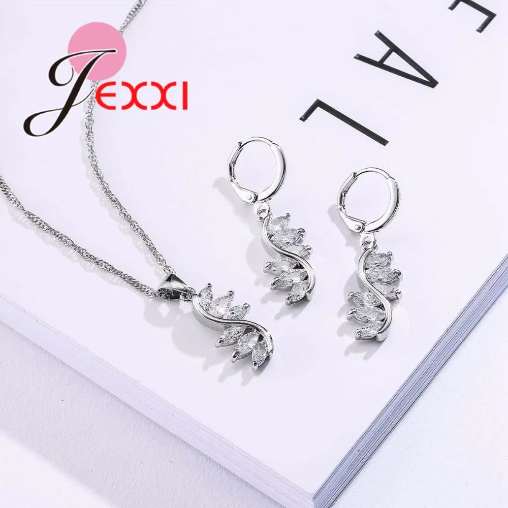 925 Sterling Silver for Women Engagement & Wedding Gift Unique Leaves Design full CZ Crystal Jewelry Sets jewelry set silver jewelry silver jewelry set crystal jewelry set