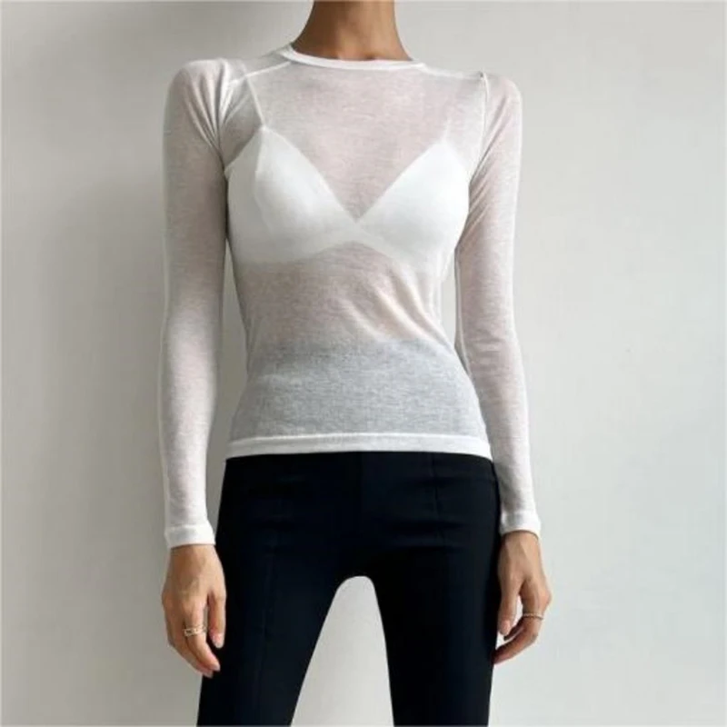 Women Long Sleeve T Shirt O Neck Solid See Through