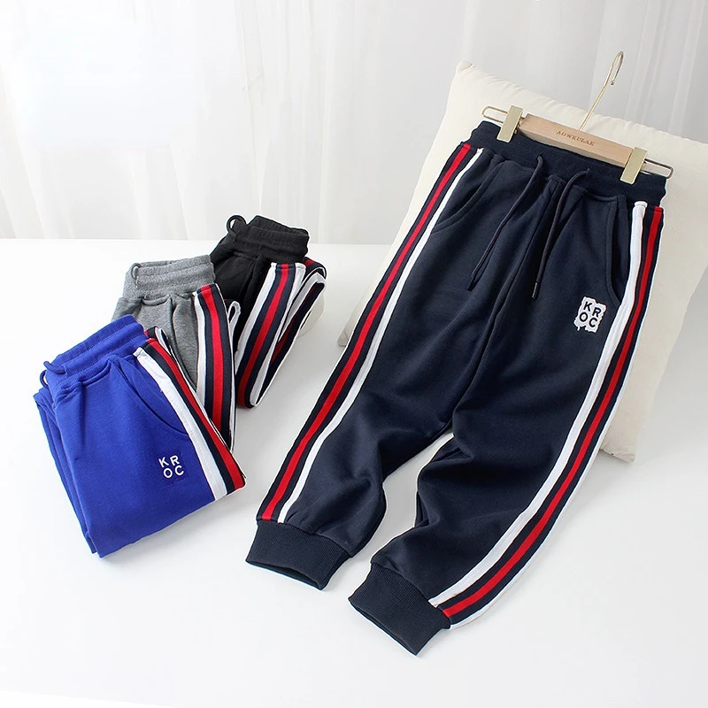 

Children's Drawstring Sports Trousers 2023 Spring and Autumn New Side Stripes Boys Sweatpants Big Kids Embroidery Terry Pants